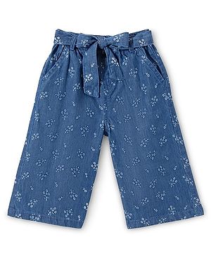 Babyhug Cotton Denim Ankle Length Floral Print Culottes with Bow Detailing - Blue