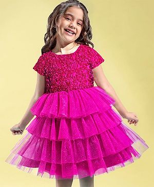 Babyhug Woven Half Sleeves Layered Party Dress with Floral Applique - Dark Pink