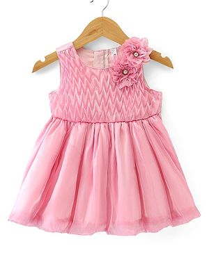 Babyhug Woven  Sleeveless Fit & Flare Party Frock with Floral Corsage - Pink