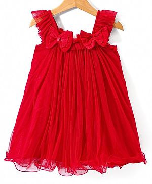 Babyhug Woven Frill Sleeves A Line Party Dress With Bow Applique - Red