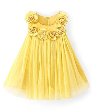 Babyhug Woven Sleeveless  A Line Dress With Floral Corsage Applique - Yellow