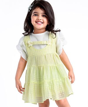 Babyhug Half Sleeves Party Frock with Floral Applique - Green & White