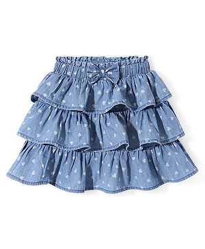 Babyhug Mid Thigh  Denim Layered Skirt Bow Detailing & Heart Print with Stretch  - Blue