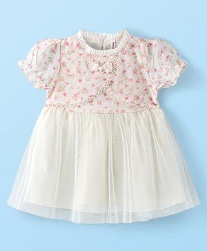 Babyhug Half Sleeves Frock with Floral Print & Embroidery - Off White