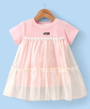 Babyhug Half Sleeves Party Frock with Floral Lace Detailing - Peach