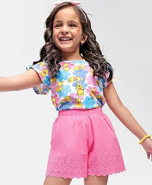 Babyhug Disney Single Jersey Knit Half Sleeves Top & Shorts Set with Floral & Winnie The Pooh Print - Multicolour