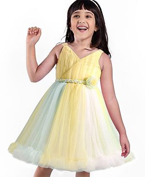 Babyhug Woven   Sleeveless Fit & Flared  Party Frock with Floral Corsage - Multicolour