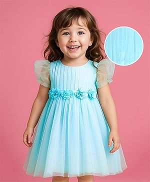 Babyhug Woven Half Puffed Fit & Flared Solid Colour Party Frock with Floral Applique - Light Blue