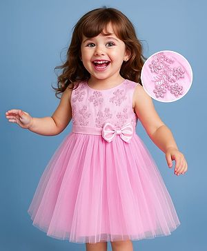 Babyhug Woven Sleeveless Fit & Flared Party Frock with Floral Embroidery & Floral  Applique - Pink