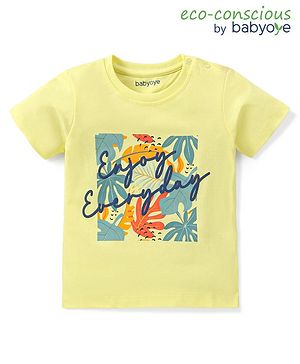 Babyoye 100% Cotton Knit Half Sleeves Text & Leaves Printed T-Shirt - Yellow