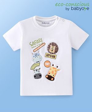 Babyoye 100% Cotton Knit Half Sleeves T-Shirts with Animal Patch - White