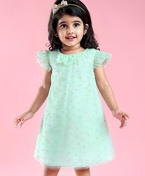 Babyhug Sleeveless Party Frock with Sequin Detailing & Floral Applique - Mint