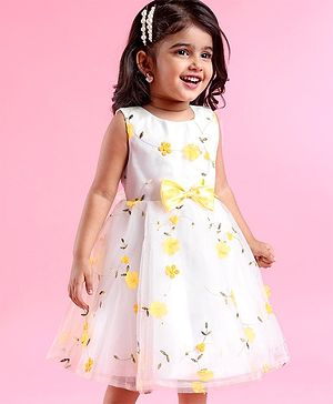 Babyhug Woven Sleeveless Fit and Flare Party Frock with 3D Floral Applique - Off- White