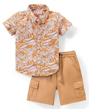 Babyhug Cotton Woven Half Sleeves Shirt & Shorts Set  with Leaf Print - Brown