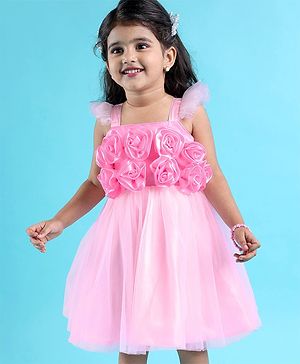 Babyhug Sleeveless Party Wear Fit And Flare Ruffle Dress With Corsage - Pink
