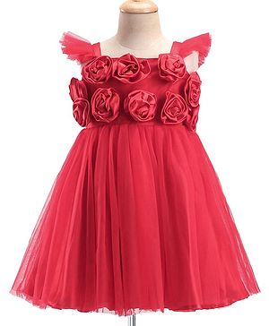 Babyhug Woven Sleeveless Fit and Flare Ruffle Party Dress with Floral Corsage - Red