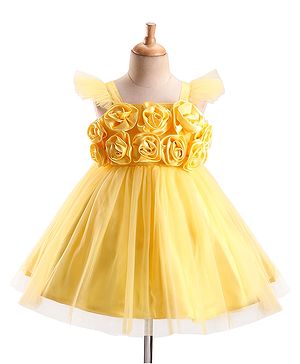 Babyhug Woven Sleeveless Fit and Flare Ruffle Party Dress with Floral Corsage - Yellow