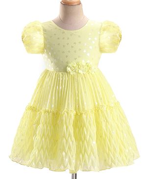Babyhug Puffed Sleeves Fit And Flare Party Wear  Frock  With Froral Applique- Yellow