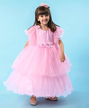 Babyhug Frilled Sleeves Fit & Flared Party Frock with Sequin Detailing & Floral Applique - Baby Pink