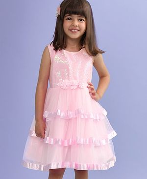 Babyhug Woven Sleeveless Layered Party Wear Tiered Dress with Sequined Yoke & Corsage - Peach