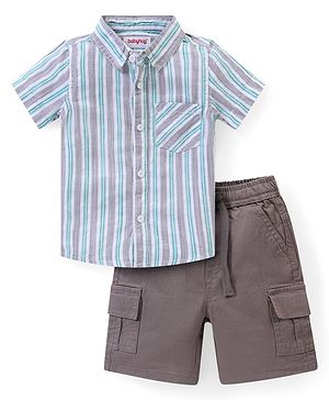 Babyhug 100% Cotton Knit Half Sleeves Striped Shirt & Shorts Set - Grey