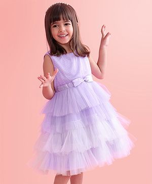 Babyhug Woven Sleeveless Layered Party Wear Tiered Dress with Bow Applique - Lavender