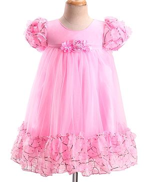 Babyhug Woven Puff Sleeves Fit and Flare Party Dress with Floral Corsage & Sequins - Pink