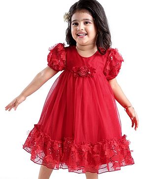 Babyhug Woven Puff Sleeves Fit and Flare Party Frock with Floral Corsage & Sequins - Red