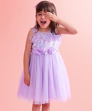 Babyhug Sleeveless Party Wear Fit and Flare Dress with Sequined Yoke and Corsage - Lavender