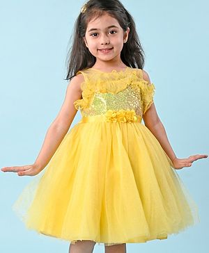 Babyhug Woven Sleeveless Party Wear Fit and Flare Dress with Sequined Yoke and Corsage - Lemon Yellow