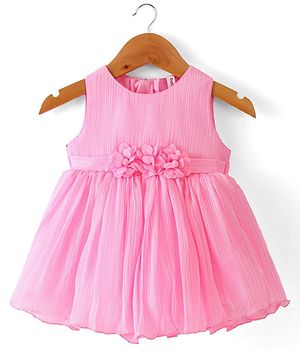 Babyhug Sleeveless Fit & Flare Textured Party Frock with Floral Corsage - Pink