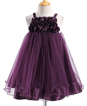 Babyhug Woven Singlet Sleeve Fit and Flare Party Frock with Floral Applique - Wine