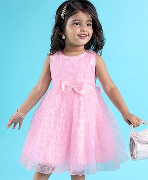 Babyhug Woven  Sleeveless Fit and Flare Party Frock With Sequined Detailing & Bow Applique - Pink