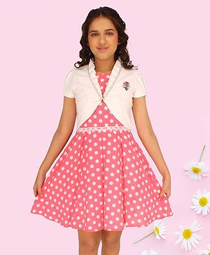 Cutecumber Polka Dots Printed Dress With Half Sleeves Floral Embroidered Shrug - Pink