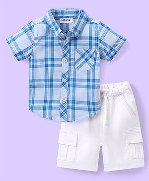 Babyhug 100% Cotton Knit Checkered Shirt & Shorts Set - Blue & White