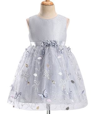 Babyhug Sleeveless Floral Embroidered & Corsage Detailing Fit & Flared Party Frock - Grey