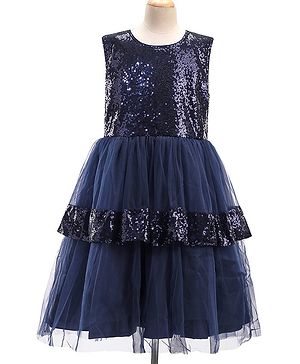 Pine Kids Woven Sleeveless Layered Party Dress with Sequin Detailing - Navy Blue