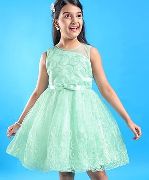 Pine Kids Sleeveless Moon & Floral Embroidered with Bow Applique Party Frock - Sea Green