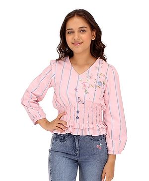 Cutecumber Full Sleeves Striped & Floral Printed Top - Peach