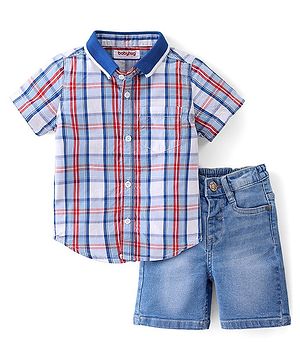 Babyhug Cotton Knit Half Sleeves Regular Collar Checkered Shirt & Denim Shorts Set - Multicolor