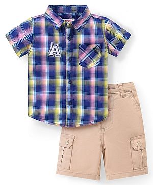 Babyhug Cotton Woven Half Sleeves Checkered Shirt And Shorts Set - Blue & Beige