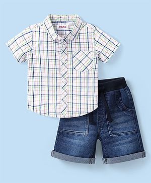Babyhug Cotton Woven Half Sleeves Checks Shirt & Denim Shorts Set - White & Navy Blue