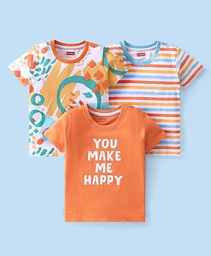 Babyhug Cotton Knit Half Sleeves T-Shirt Stripes & Text Graphics Pack Of 3 - Multicolor