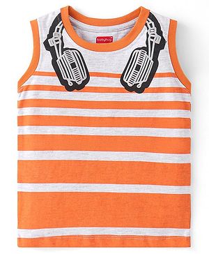 Babyhug Cotton Knit Sleeveless Striped T-Shirt with Headphone Print - Orange