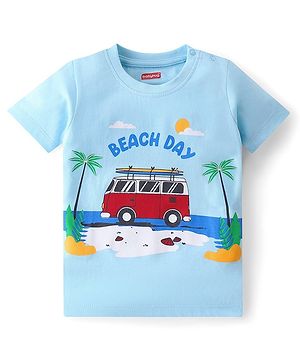 Babyhug Cotton Knit Half Sleeves T-Shirt Beach Print - Blue
