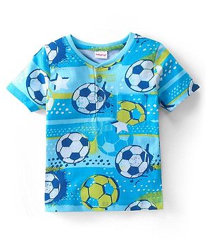 Babyhug 100% Cotton Knit Half Sleeves T-Shirt with Front Pocket & Football Print - Blue