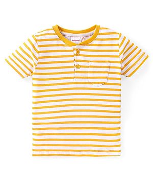 Babyhug Cotton Knit Half Sleeves Stripped T-Shirt With Pocket - Yellow
