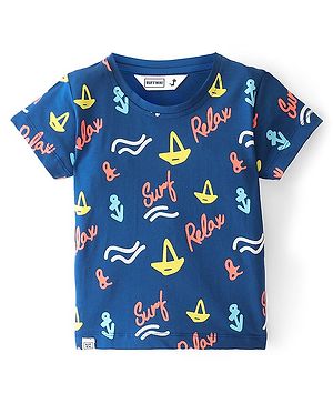 RUFF Sinker Knit Half Sleeves Boar & Surf Printed T-Shirt -Blue