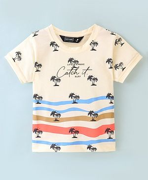 Ruff Cotton Knit Half Sleeves T-Shirt with Beach Theme Print - Off White