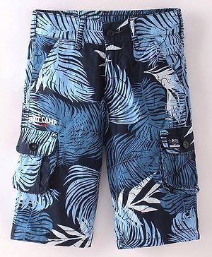 Ruff Cotton Woven Knee Length Jamaican with Leaf Print - Navy Blue